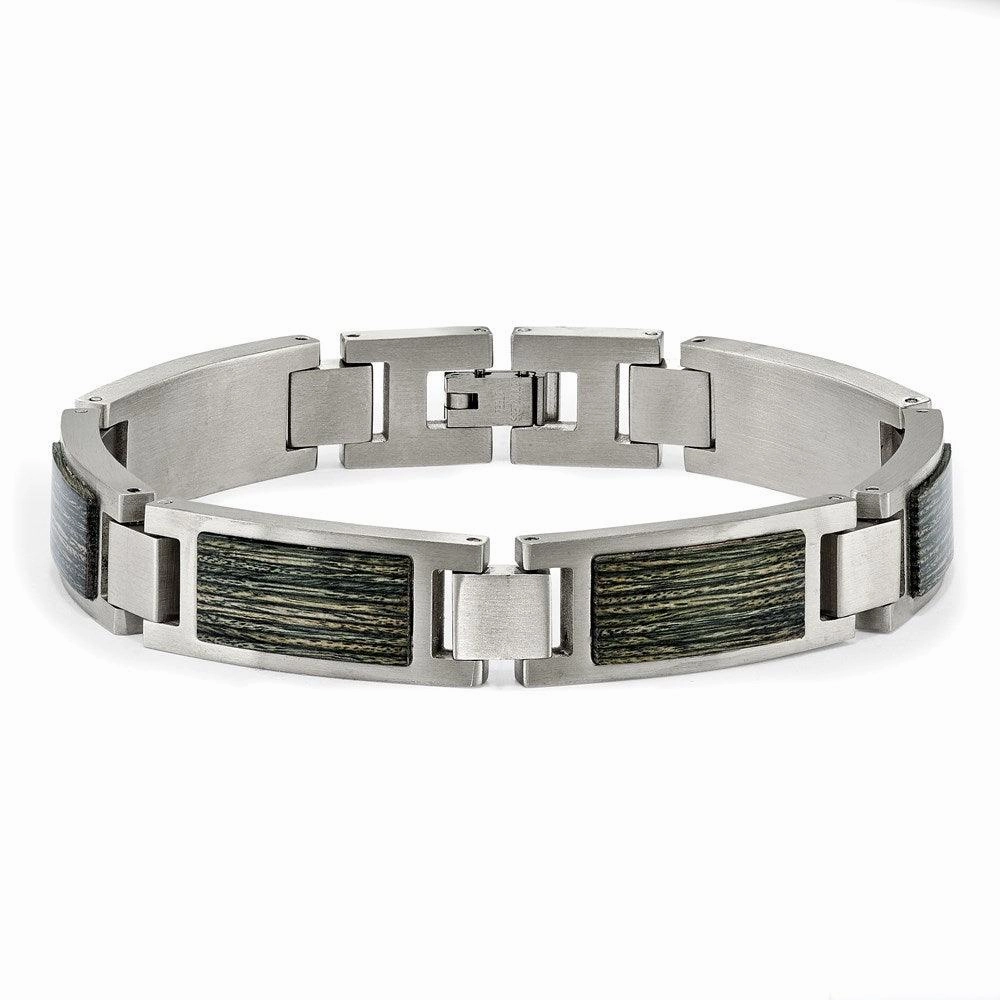 Stainless Steel Brushed with Gray Wood Inlay 8.75in Link Bracelet