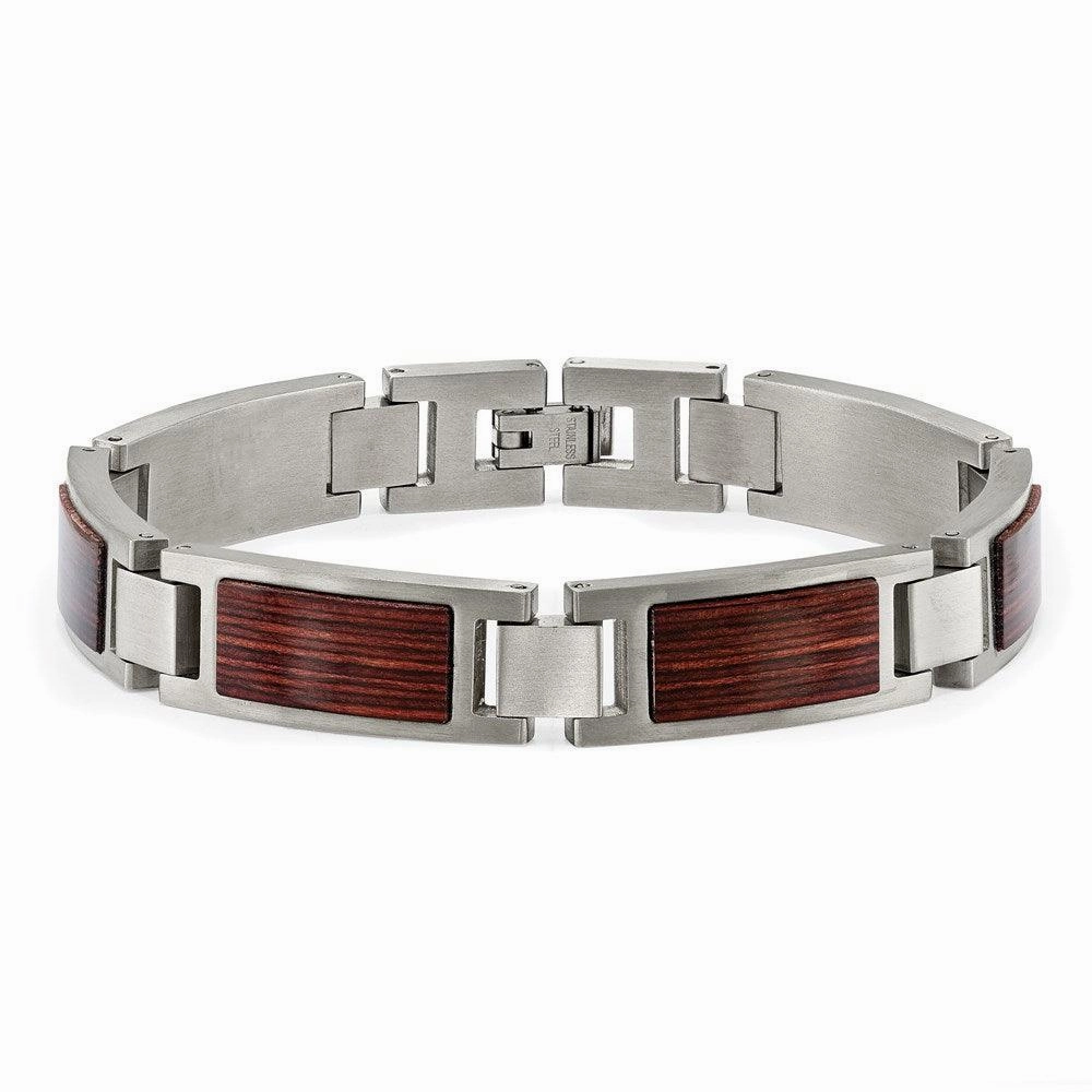 Stainless Steel Brushed with Wood Inlay 8.75in Link Bracelet