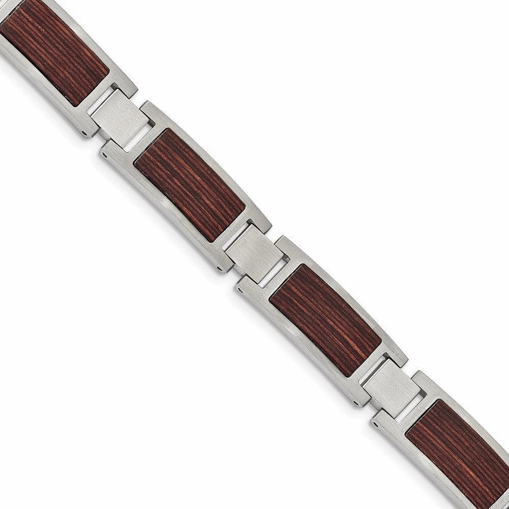 Stainless Steel Brushed with Wood Inlay 8.75in Link Bracelet