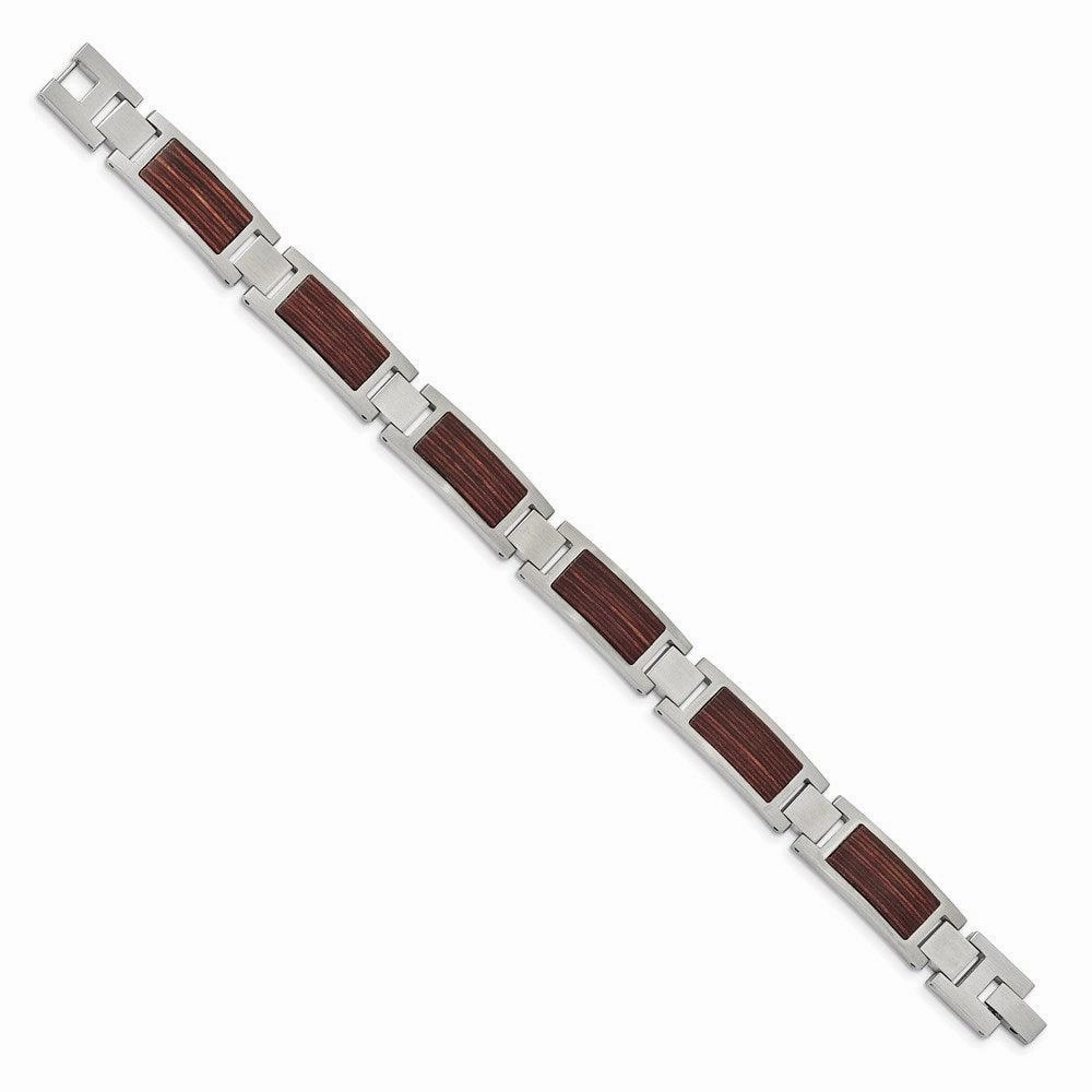 Stainless Steel Brushed with Wood Inlay 8.75in Link Bracelet