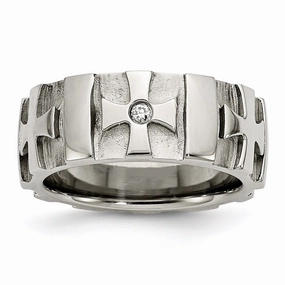 Stainless Steel Crosses w/Diamond 9.00mm Brushed & Polished Band | SR67AA