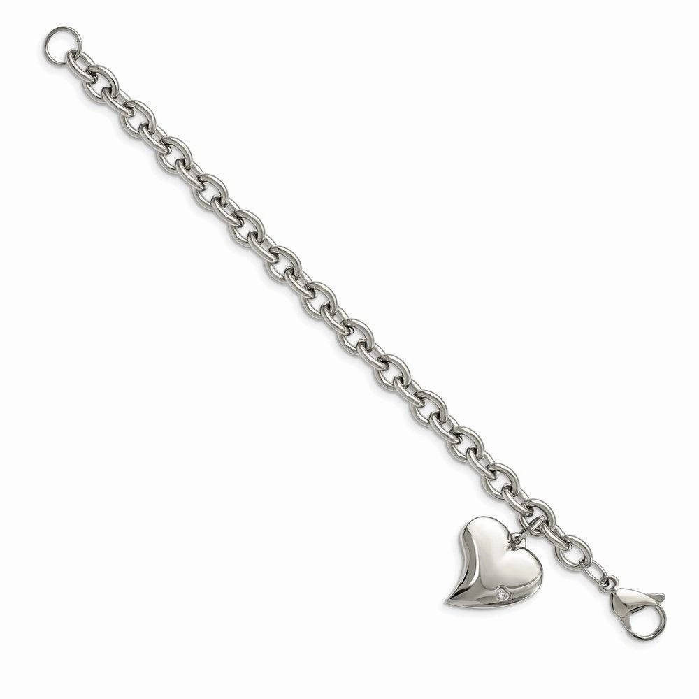 Stainless Steel CZ Heart Charm Fancy 7.5in Bracelet