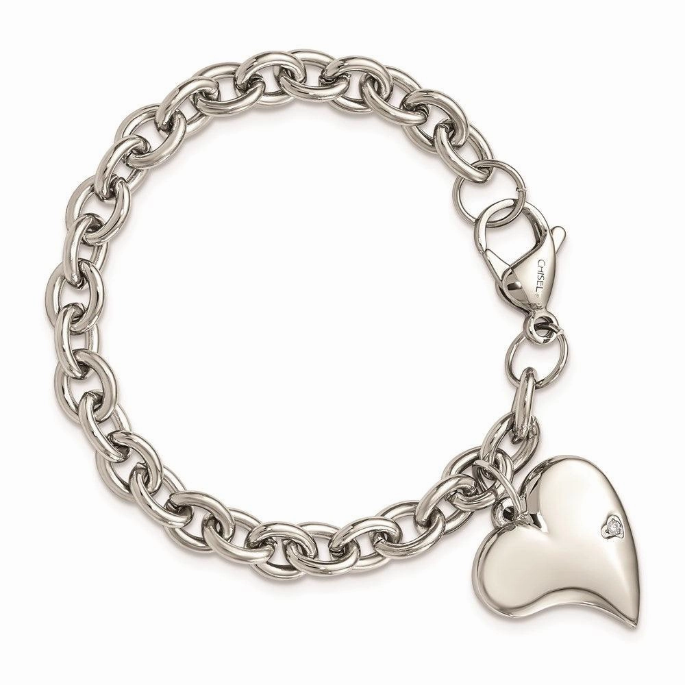 Stainless Steel CZ Heart Charm Fancy 7.5in Bracelet