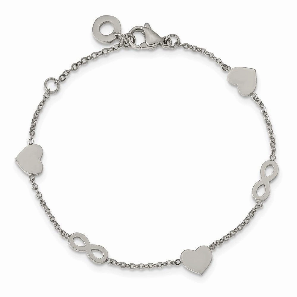 Stainless Steel Polished 7in w/1in ext. Heart and Infinity Bracelet
