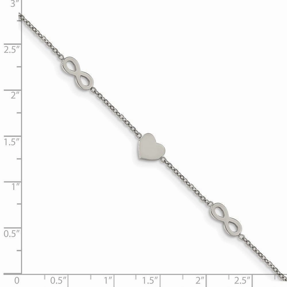 Stainless Steel Polished 7in w/1in ext. Heart and Infinity Bracelet