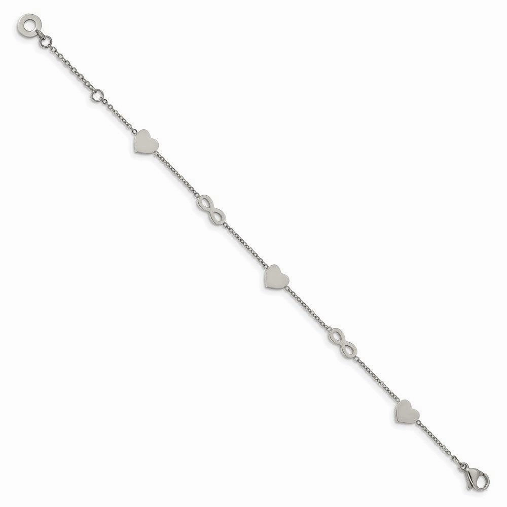 Stainless Steel Polished 7in w/1in ext. Heart and Infinity Bracelet