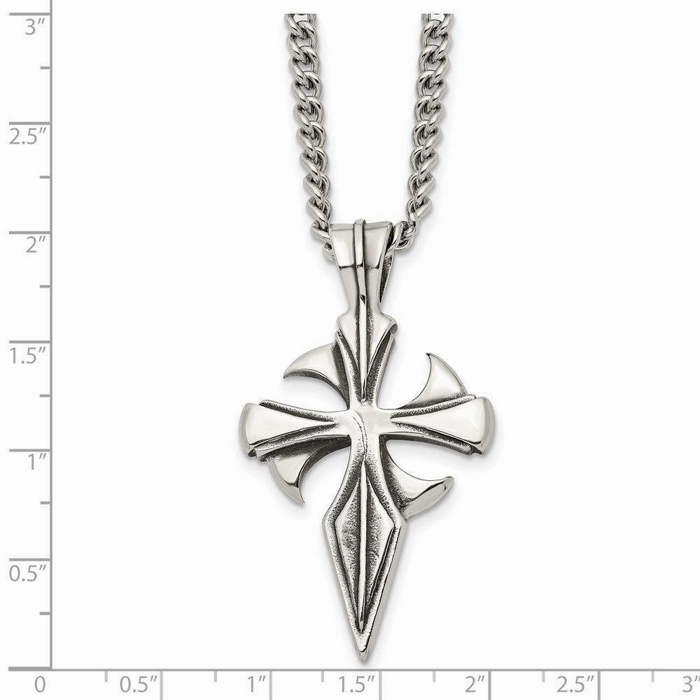 Stainless Steel Polished & Antiqued Dagger Cross 22in Necklace