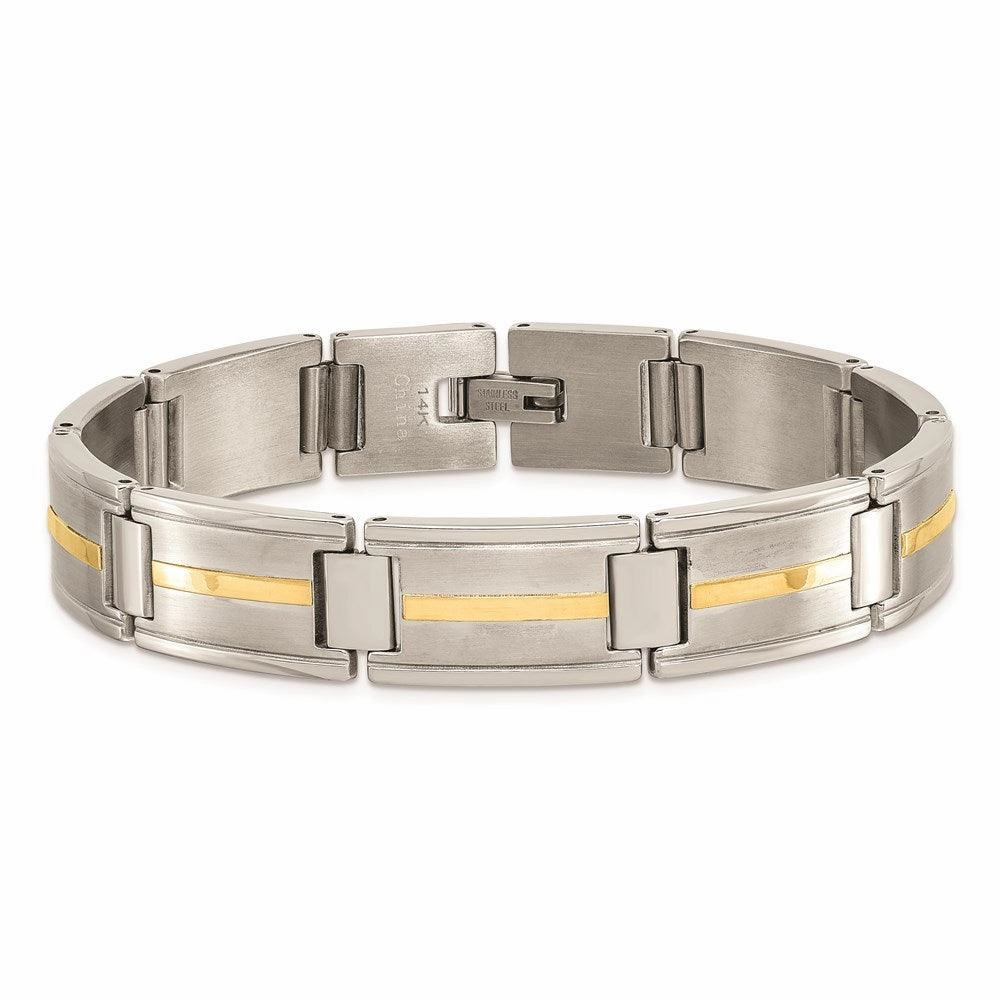 Stainless Steel Polished & Brushed w/14k Gold Link Bracelet