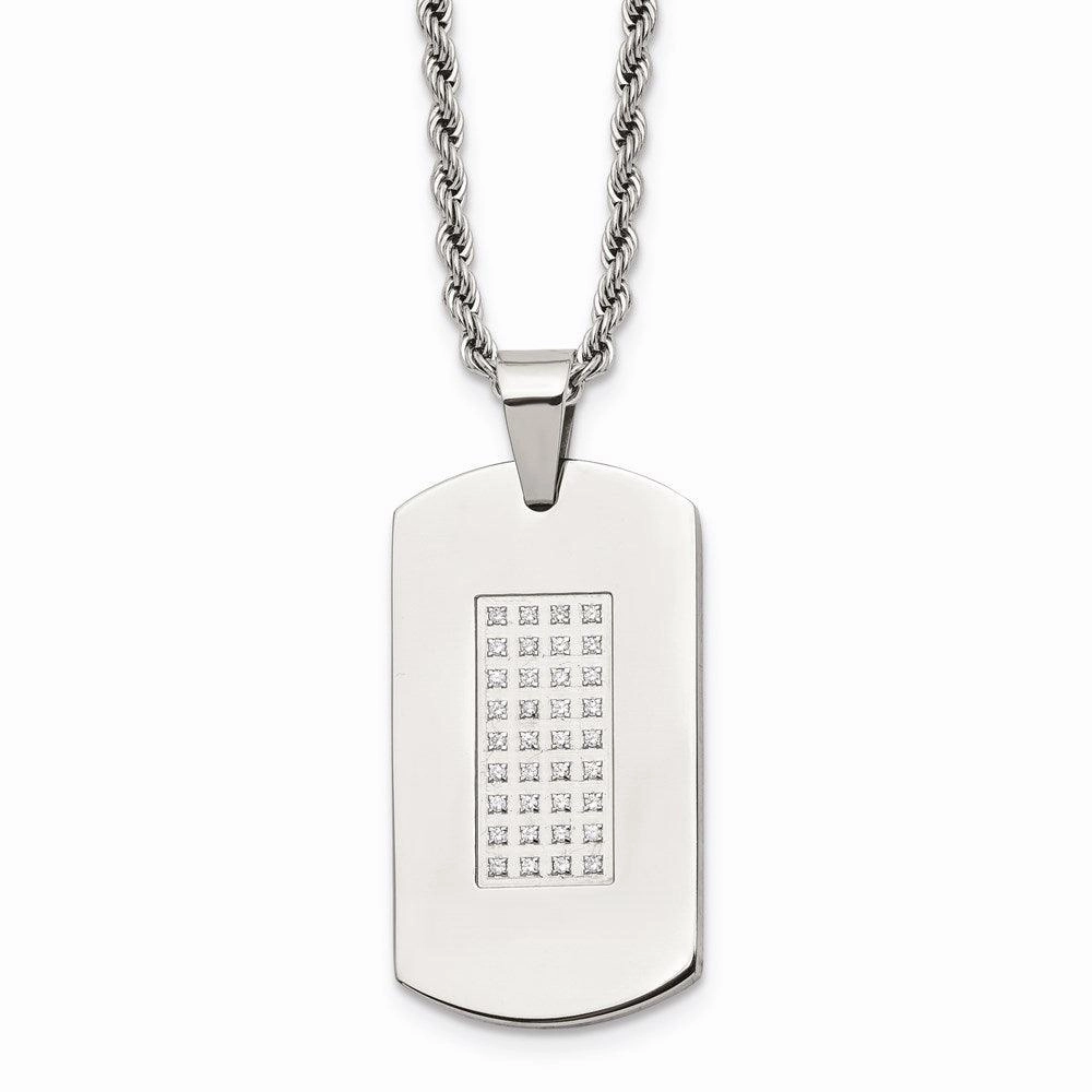 Stainless Steel Polished & CZs Dog Tag Necklace