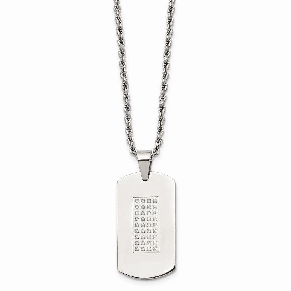 Stainless Steel Polished & CZs Dog Tag Necklace