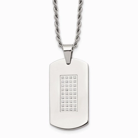 Stainless Steel Polished & CZs Dog Tag Necklace