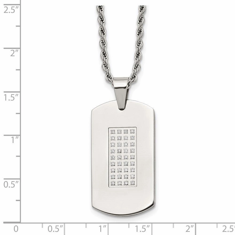 Stainless Steel Polished & CZs Dog Tag Necklace