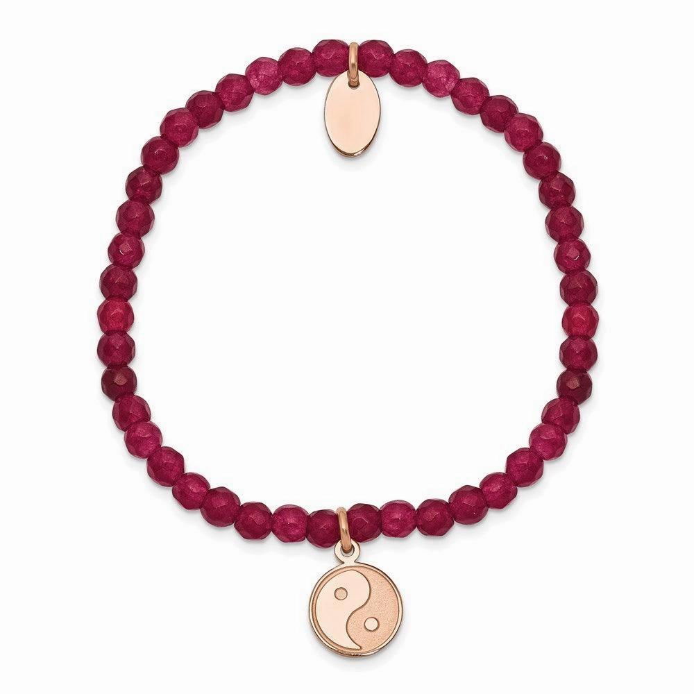Stainless Steel Polished & Satin Rose IP YingYang Red Jade Stretch Bracelet