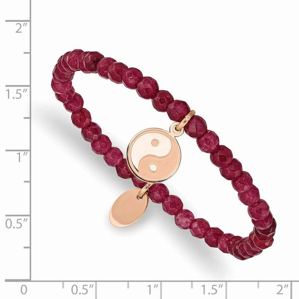 Stainless Steel Polished & Satin Rose IP YingYang Red Jade Stretch Bracelet