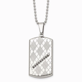 Stainless Steel Polished & Textured Black CZ Dog Tag Necklace