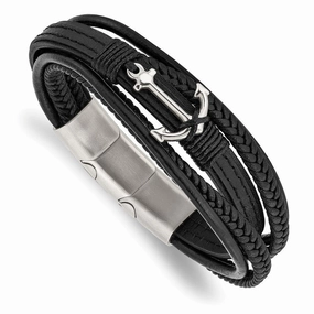 Stainless Steel Polished Anchor Genuine/PU Leather w/.5in ext Bracelet
