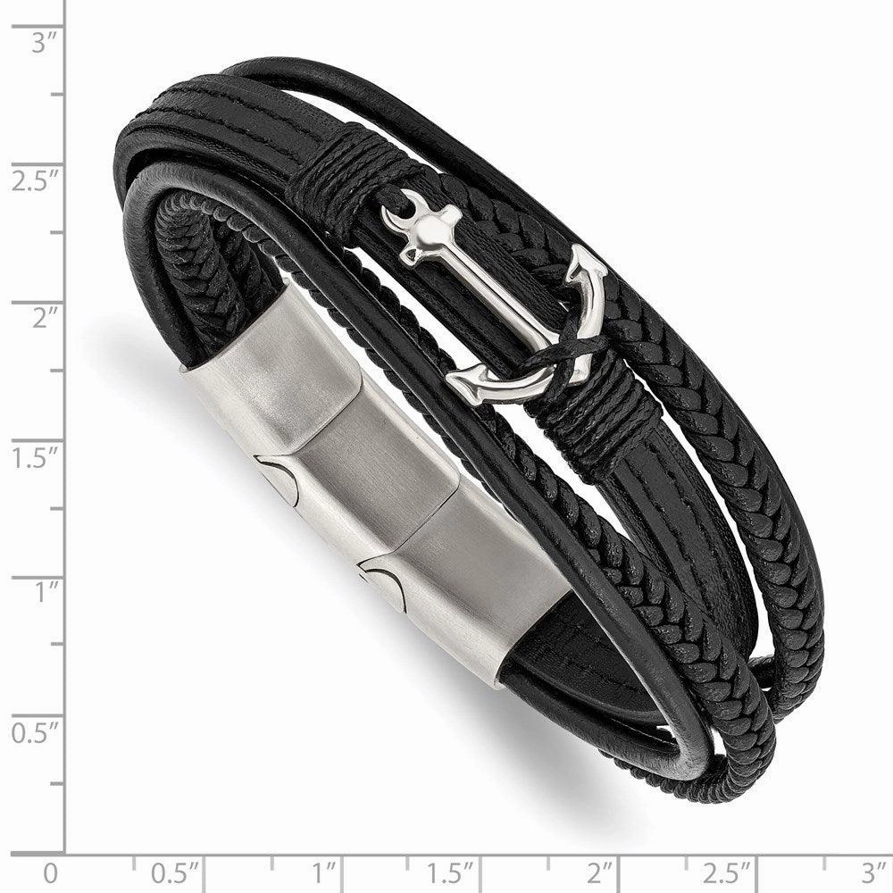 Stainless Steel Polished Anchor Genuine/PU Leather w/.5in ext Bracelet