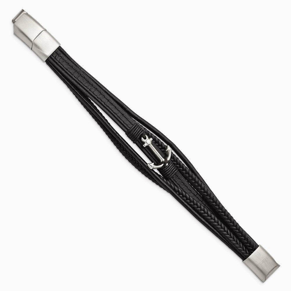 Stainless Steel Polished Anchor Genuine/PU Leather w/.5in ext Bracelet