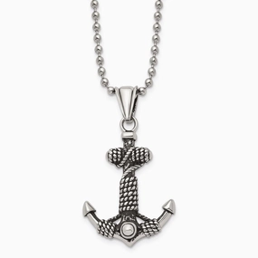 Stainless Steel Polished and Antiqued Anchor Necklace
