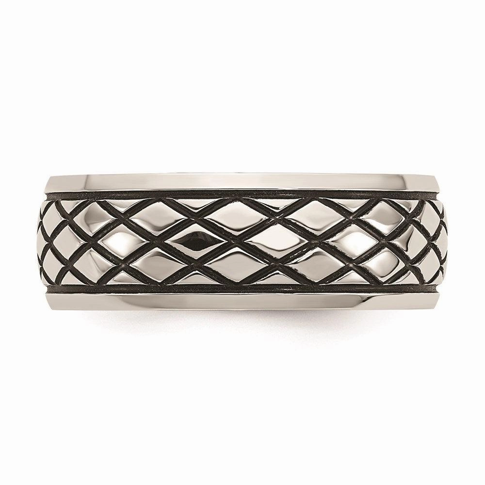Stainless Steel Polished and Antiqued Checkered Pattern 8mm Band