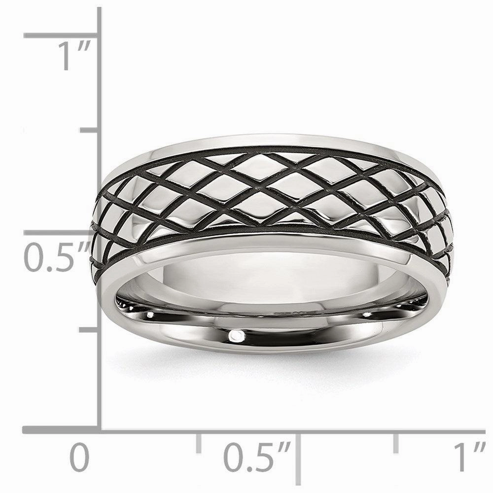 Stainless Steel Polished and Antiqued Checkered Pattern 8mm Band