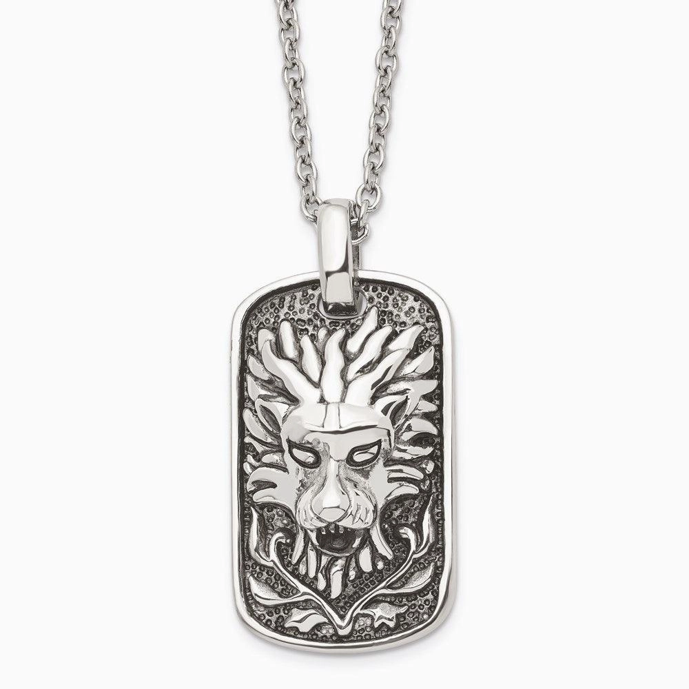 Stainless Steel Polished and Antiqued Lion Dog Tag Necklace