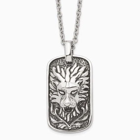 Stainless Steel Polished and Antiqued Lion Dog Tag Necklace