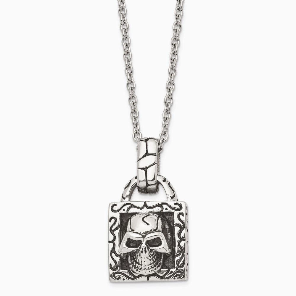 Stainless Steel Polished and Antiqued Skull Necklace