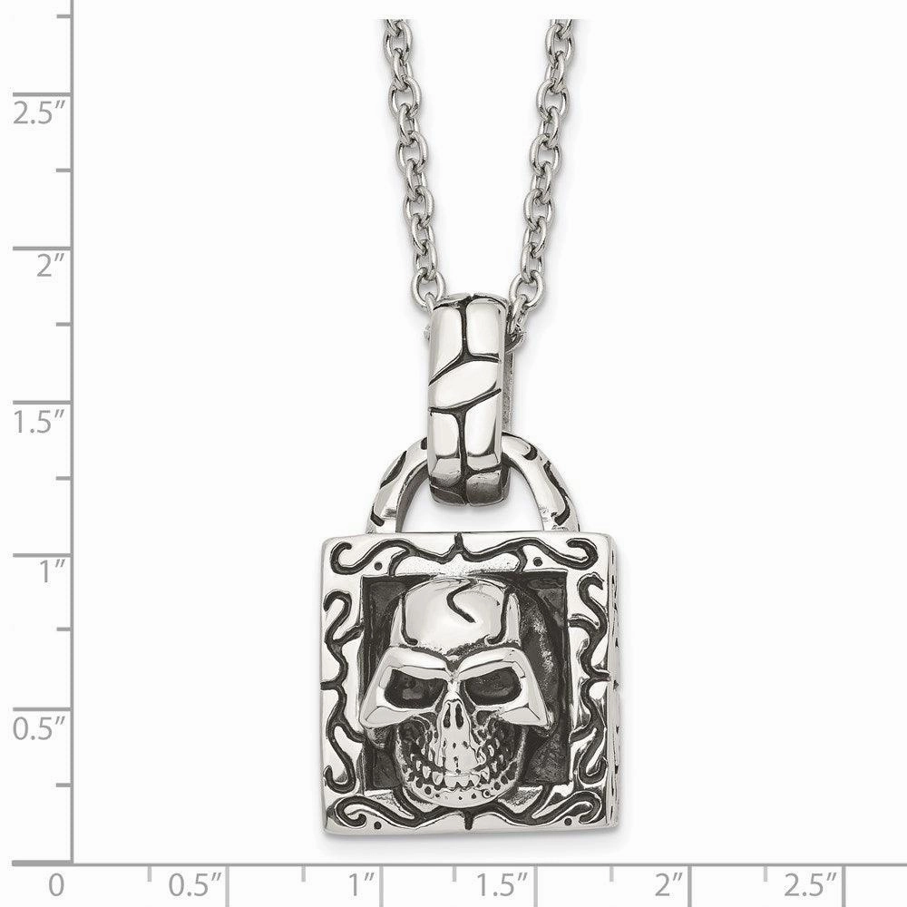 Stainless Steel Polished and Antiqued Skull Necklace