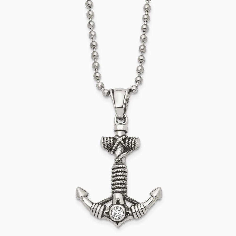 Stainless Steel Polished and Antiqued w/ CZ Anchor Necklace