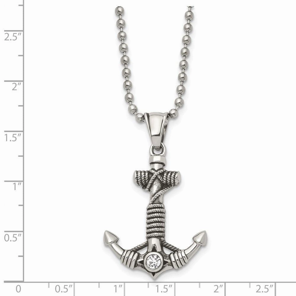 Stainless Steel Polished and Antiqued w/ CZ Anchor Necklace