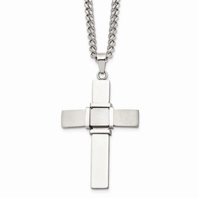 Stainless Steel Polished and Brushed Cross Necklace