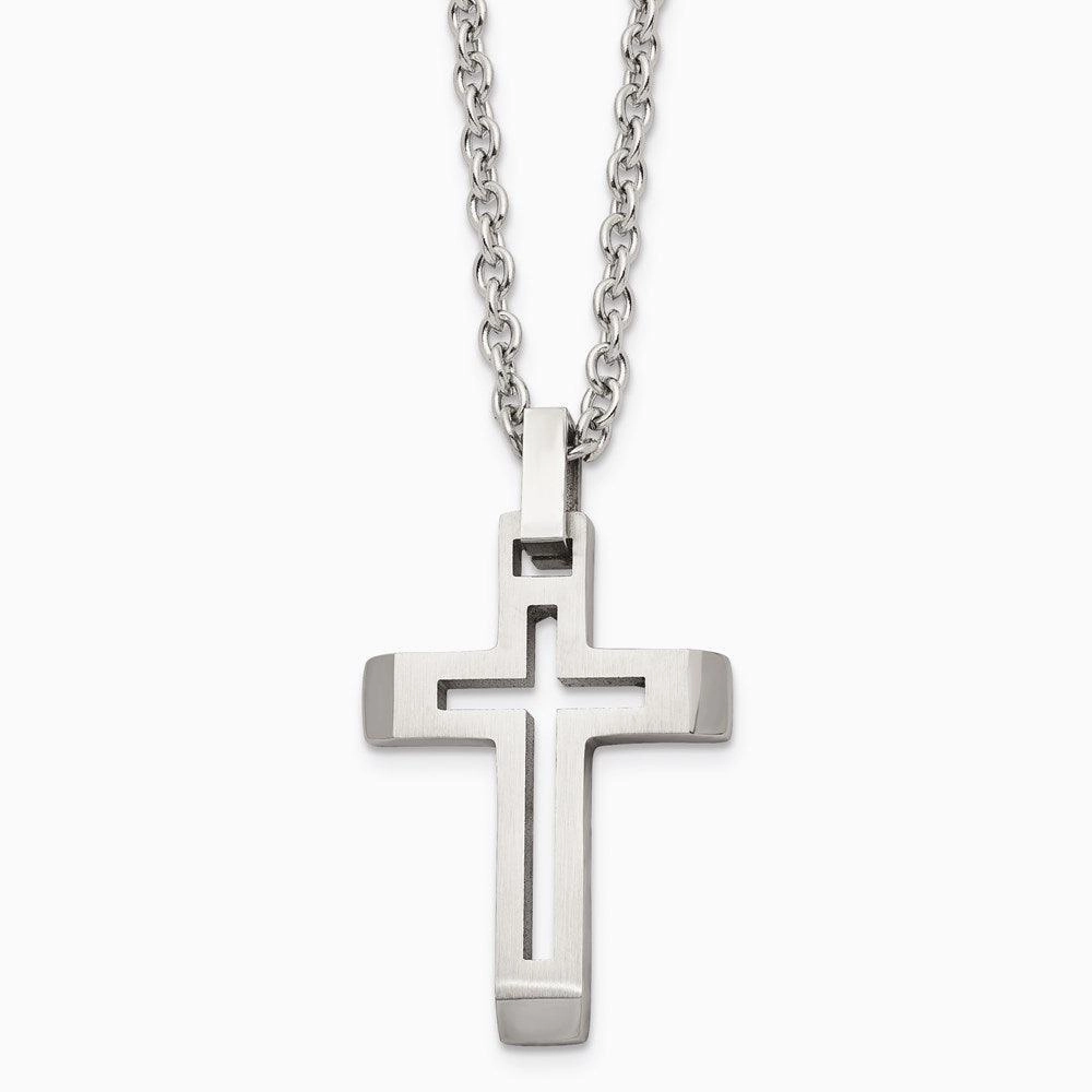 Stainless Steel Polished and Brushed Cut-out Cross Necklace