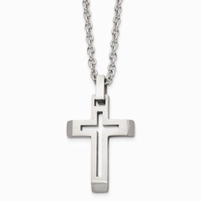 Stainless Steel Polished and Brushed Cut-out Cross Necklace