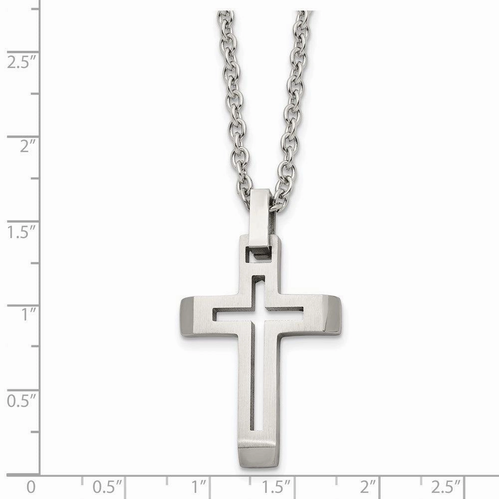 Stainless Steel Polished and Brushed Cut-out Cross Necklace