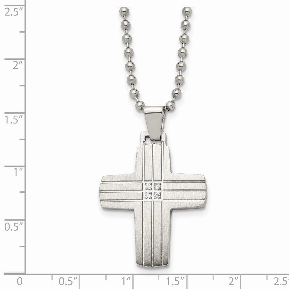 Stainless Steel Polished and Brushed CZ Cross Necklace