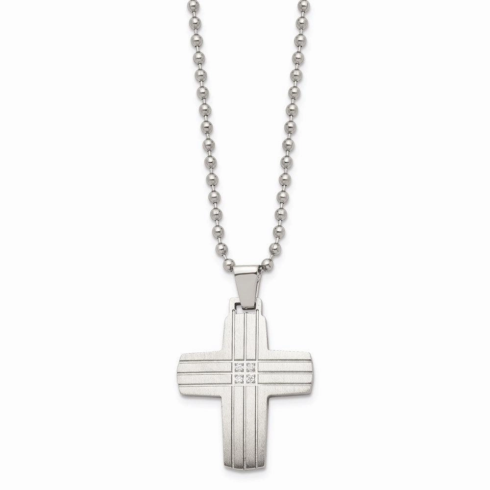 Stainless Steel Polished and Brushed CZ Cross Necklace