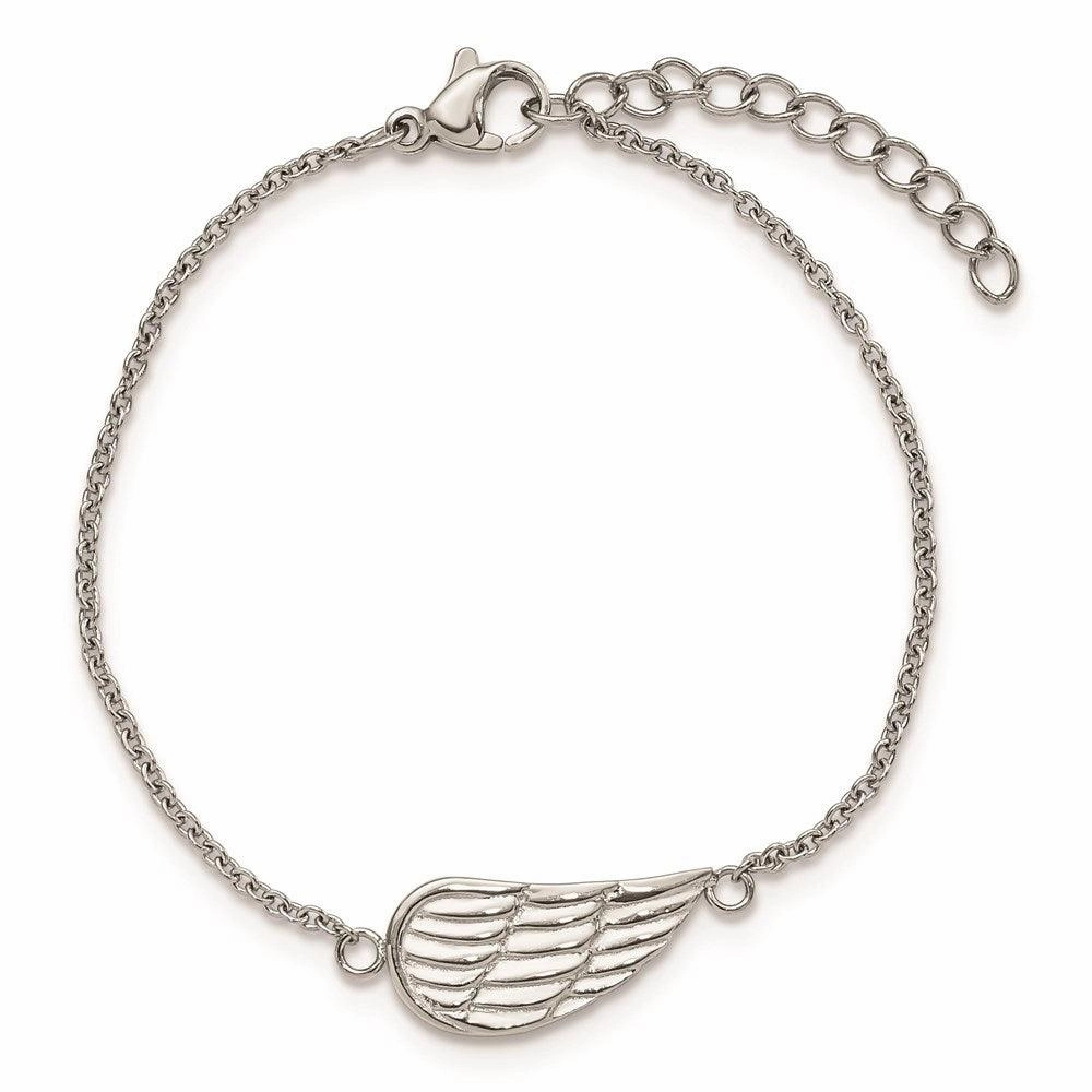 Stainless Steel Polished and Brushed with 1.25in ext. Angel Wing Bracelet