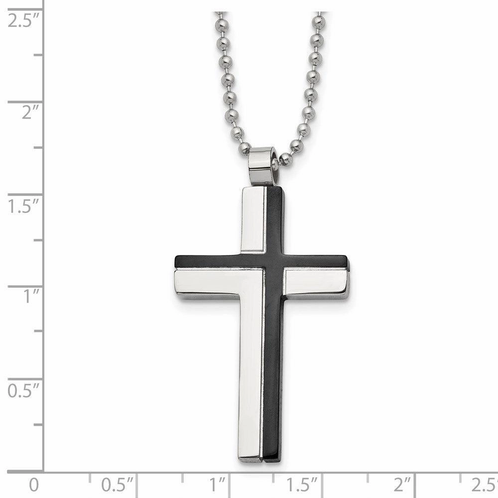Stainless Steel Polished and Laser Cut Black IP Cross Necklace