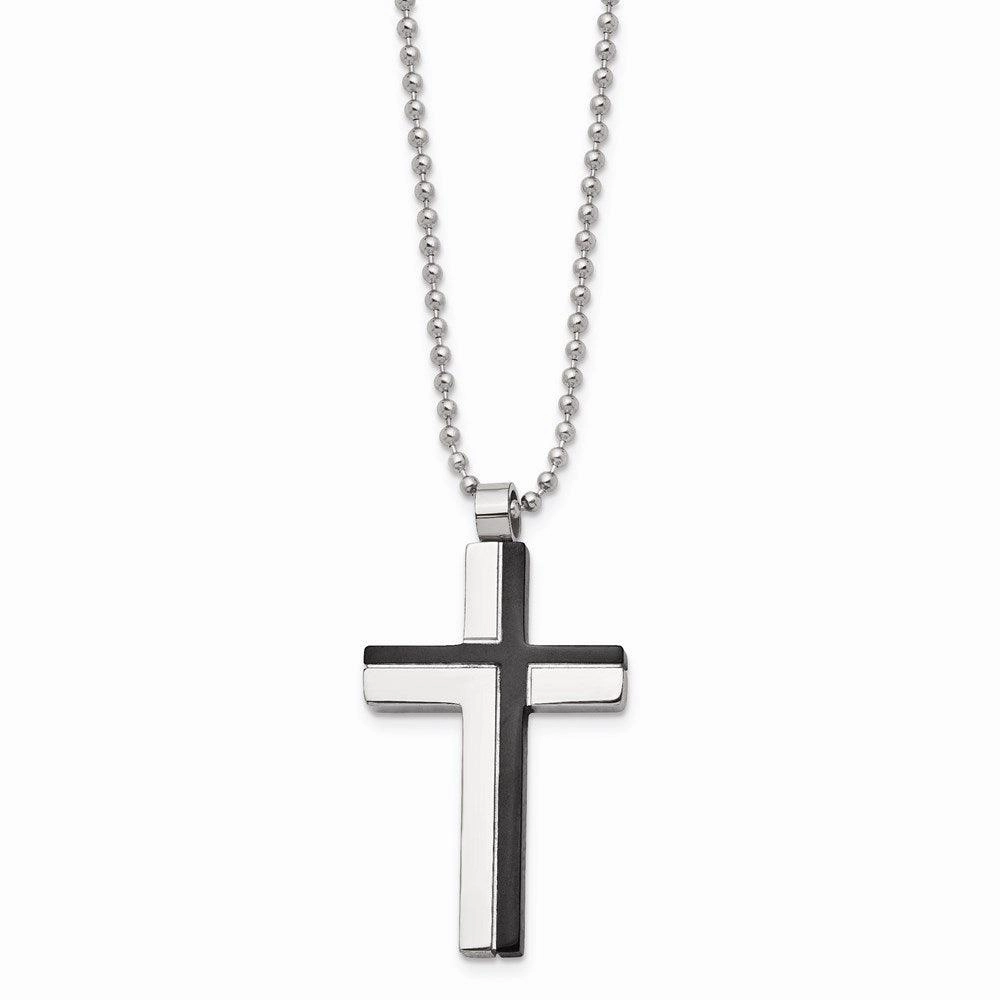 Stainless Steel Polished and Laser Cut Black IP Cross Necklace