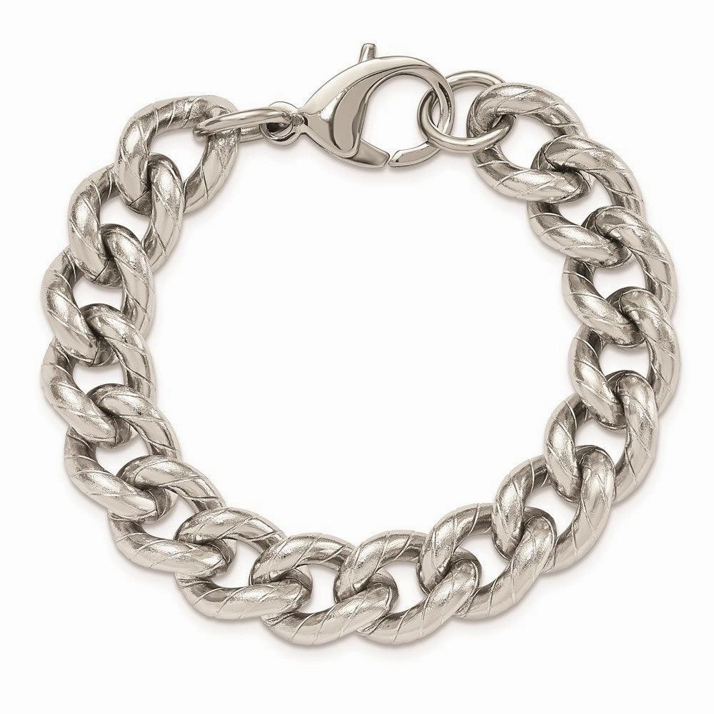 Stainless Steel Polished and Textured 14.5mm Curb 8in Bracelet