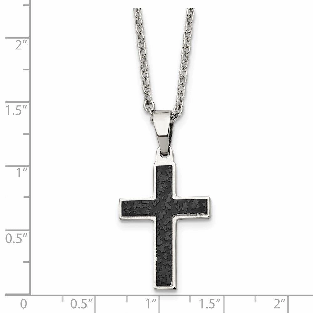 Stainless Steel Polished and Textured Black IP-plated Cross Necklace