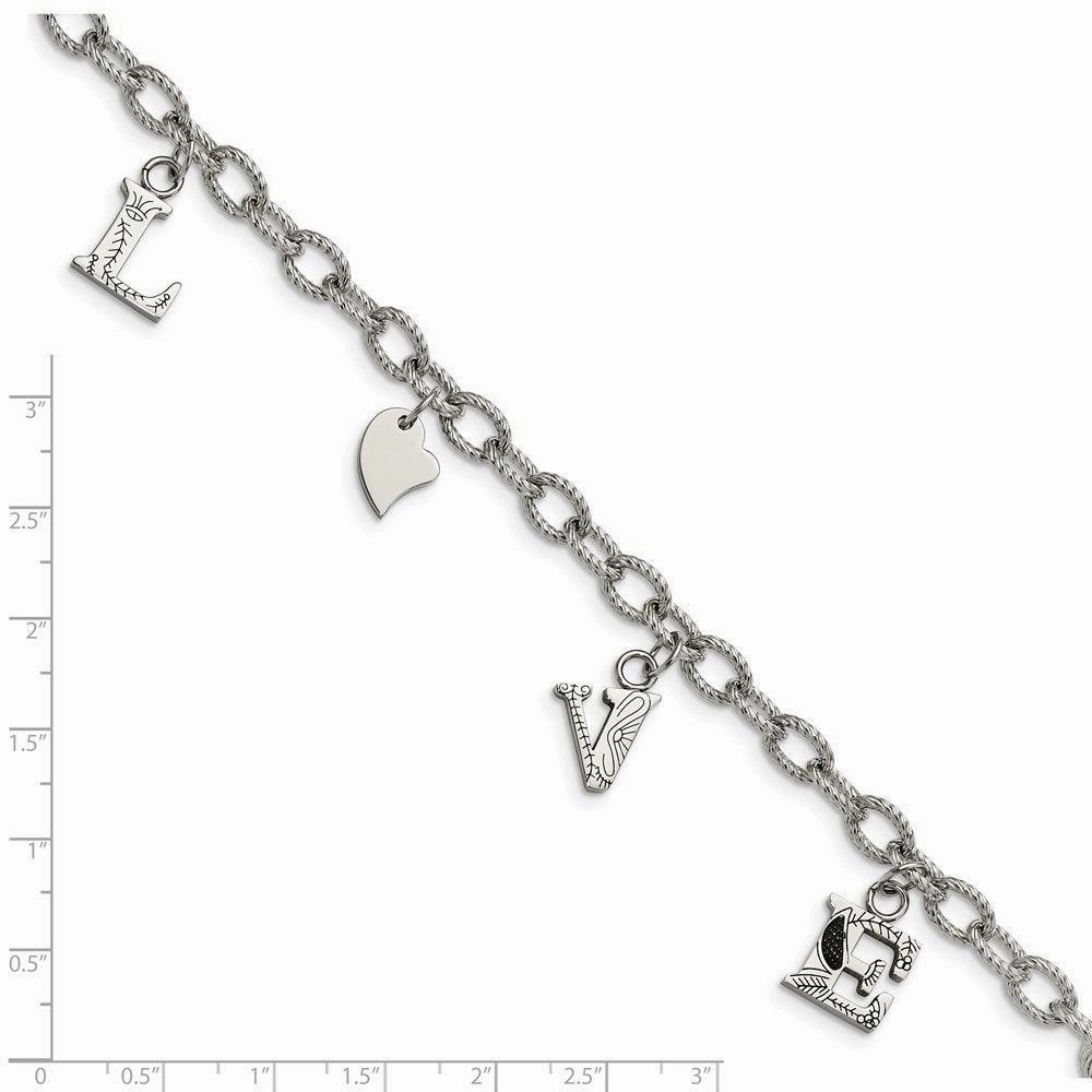 Stainless Steel Polished and Textured LOVE Charm Bracelet