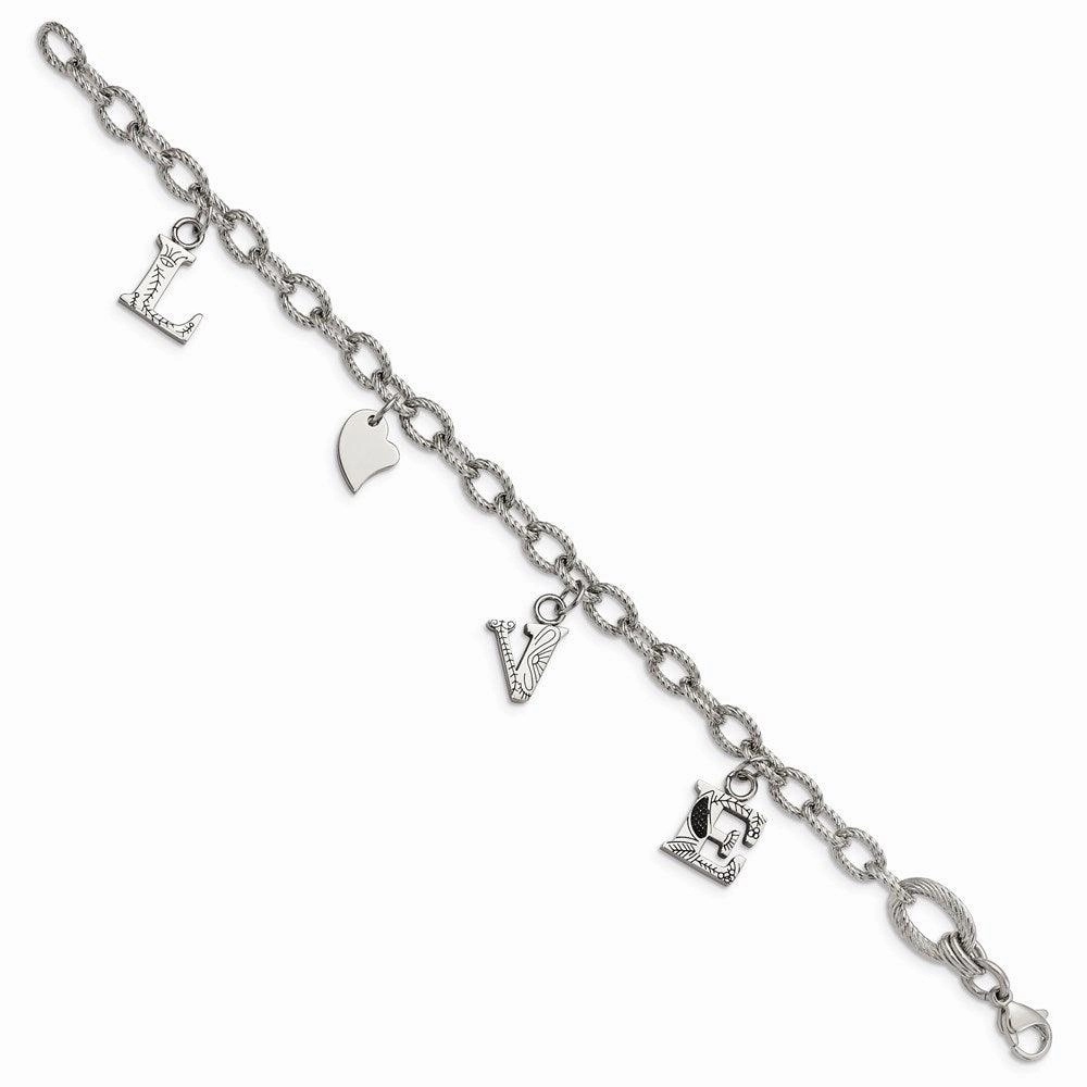 Stainless Steel Polished and Textured LOVE Charm Bracelet