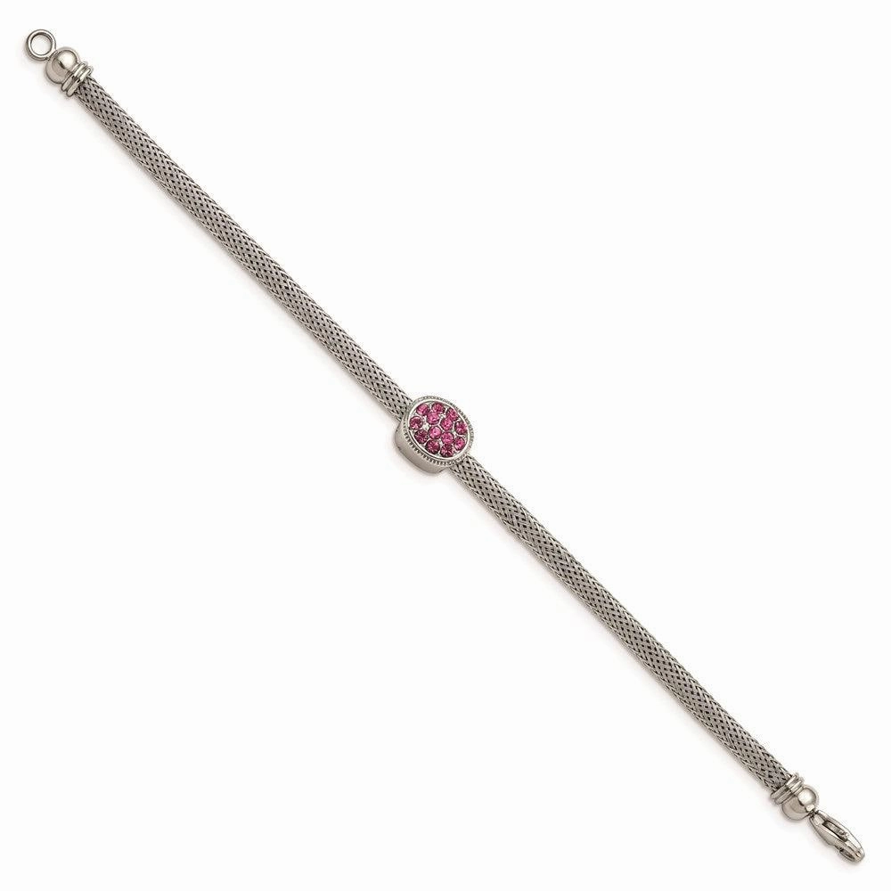 Stainless Steel Polished and Textured Pink Crystal 7.25in. Bracelet