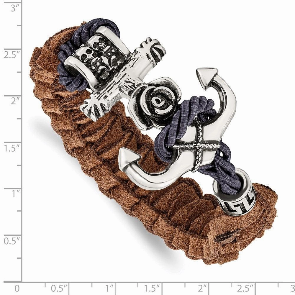 Stainless Steel Polished Antiqued Brown Leather Anchor Toggle Bracelet