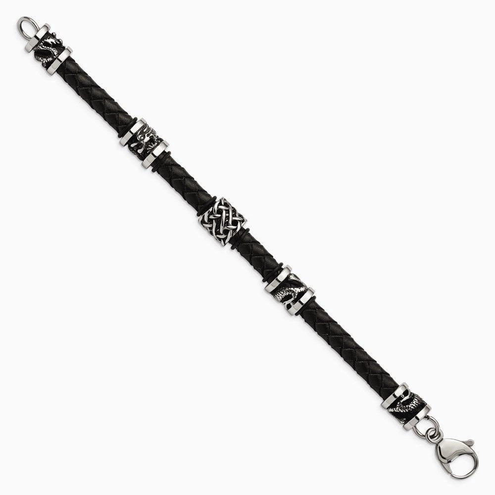 Stainless Steel Polished Antiqued Dragon Black Braided Leather Bracelet