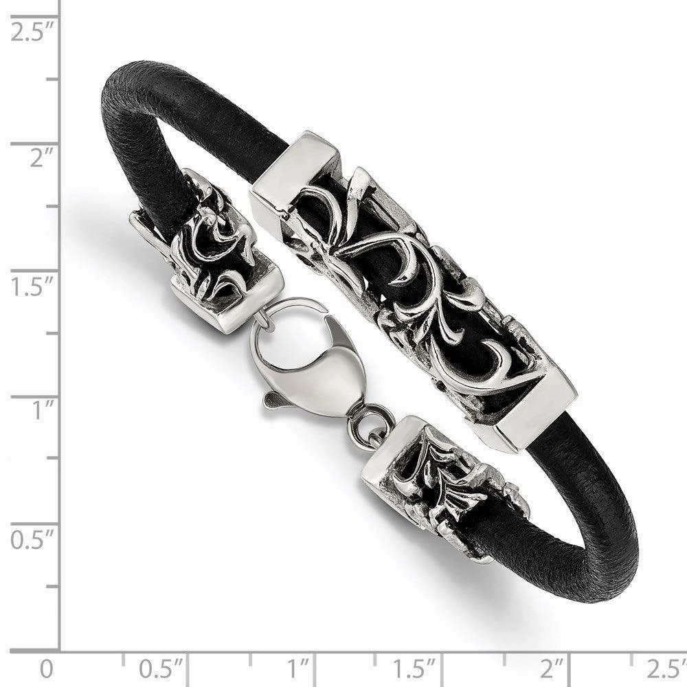 Stainless Steel Polished Antiqued Filigree Black Leather Cord Bracelet