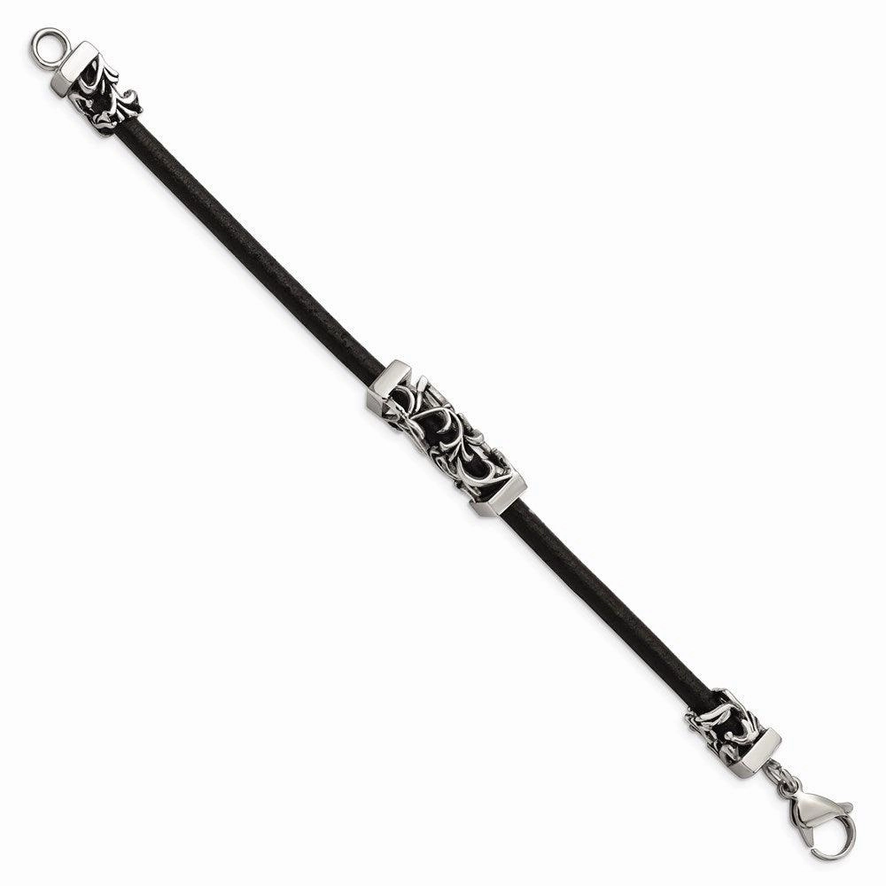 Stainless Steel Polished Antiqued Filigree Black Leather Cord Bracelet