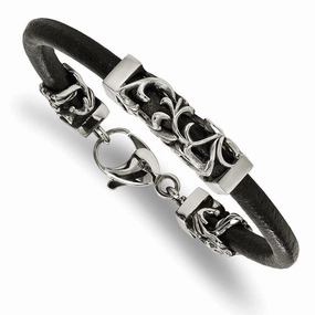 Stainless Steel Polished Antiqued Filigree Black Leather Cord Bracelet